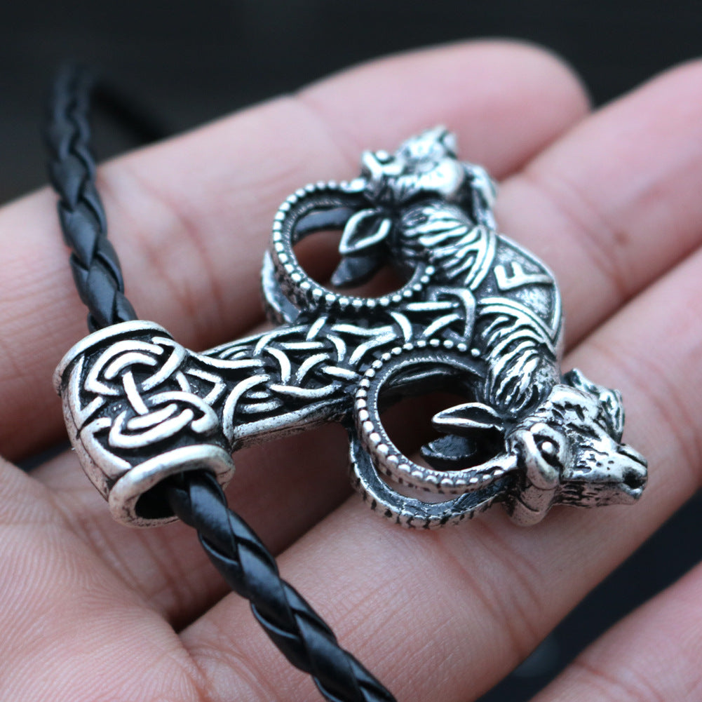 Viking Warrior Thunder Hammer Necklace with Double Sheep Head Pendants