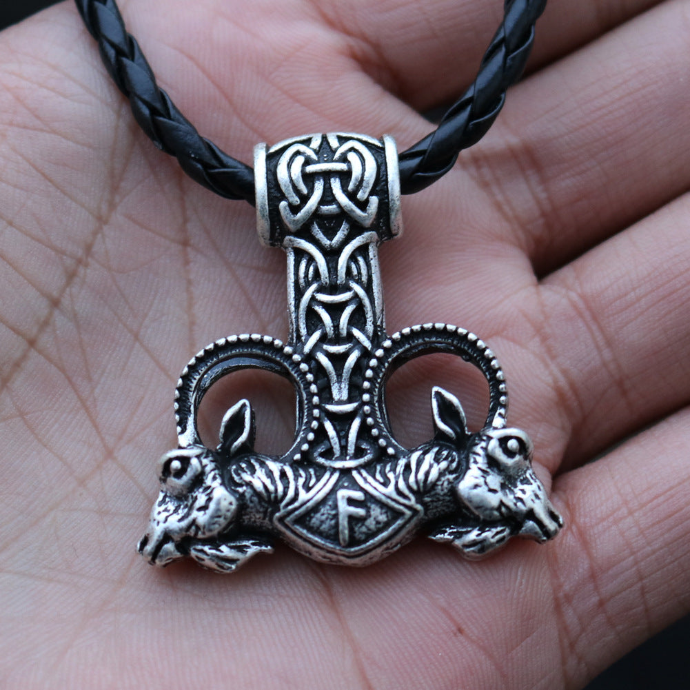 Viking Warrior Thunder Hammer Necklace with Double Sheep Head Pendants