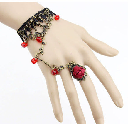 Retro Lace Leaf Rose Blossom Women's Bracelet Ring Bouquet Cuff Jewelry Piece