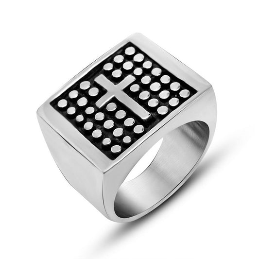 Vintage Polka Dot Cross Design Wide Titanium Ring for Men - European and Korean Inspired Dominant Jewelry