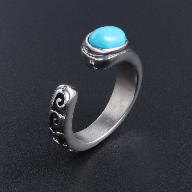 Trendy Titanium Steel Retro Three-Color Gemstone Open Ring for Men and Women