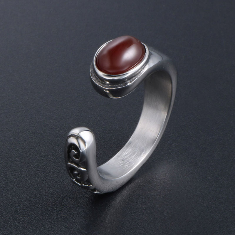 Trendy Titanium Steel Retro Three-Color Gemstone Open Ring for Men and Women