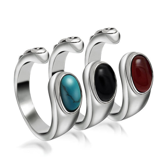 Trendy Titanium Steel Retro Three-Color Gemstone Open Ring for Men and Women