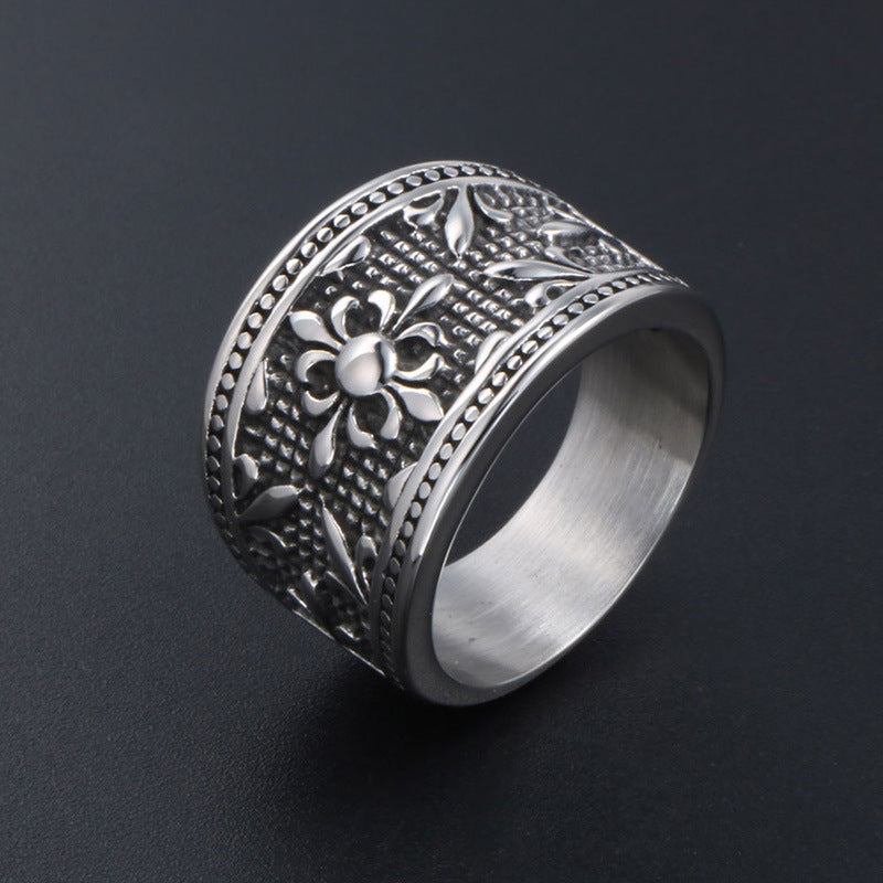 Personalized Titanium Steel Men's Military Floral Ring - Hipster Cross Design