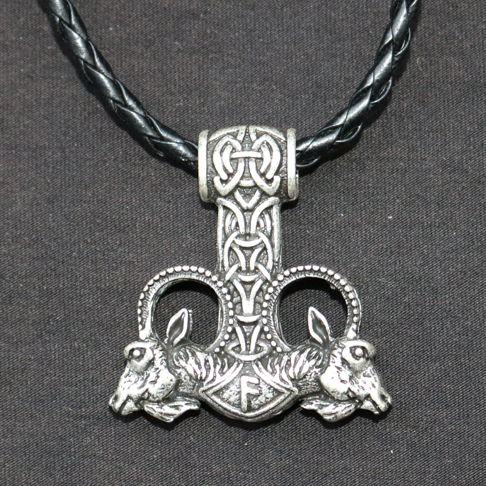 Viking Warrior Thunder Hammer Necklace with Double Sheep Head Pendants