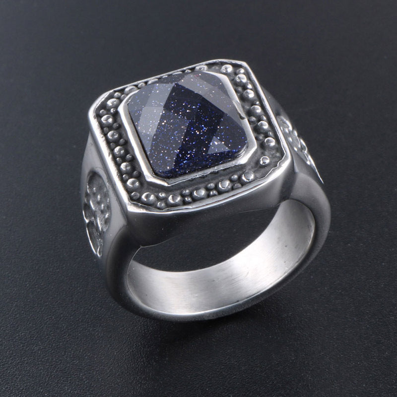 Vintage-Inspired Blue Sandstone Men's Ring - Elegant Rock Jewelry for Fashion-Forward Men