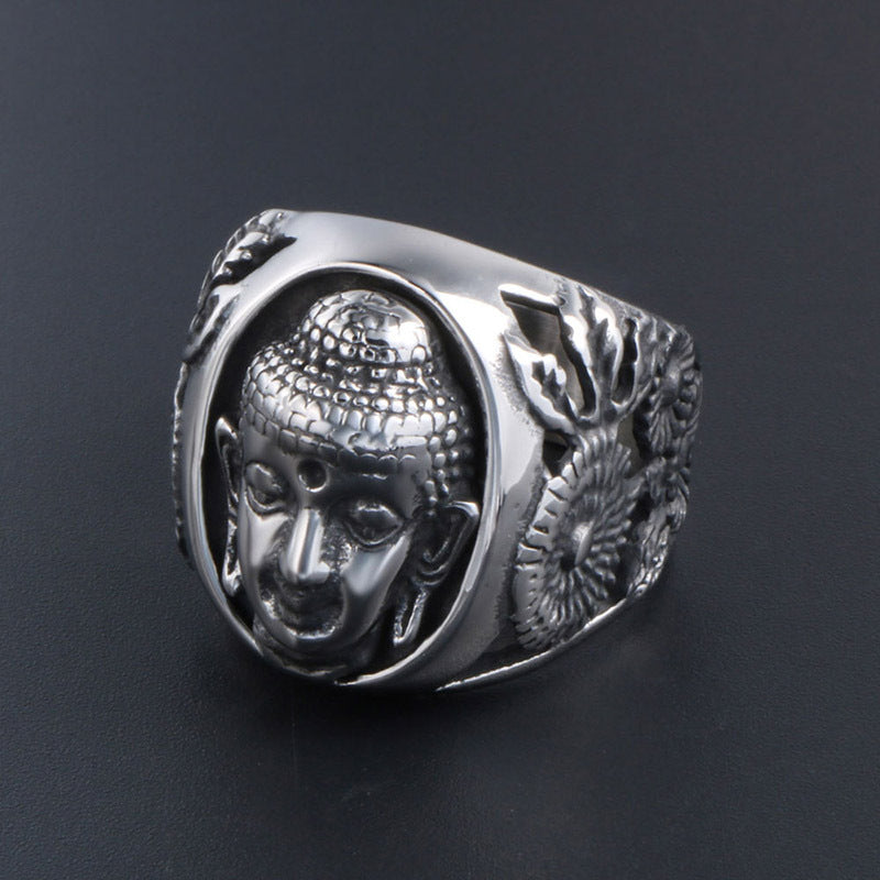 Titanium Steel Buddhist-Inspired Retro Ring for Men - Trendy Personalized Jewelry