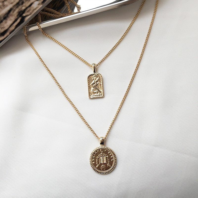 Double Layered Collarbone Chain Necklace with Gold Coin Portrait - Vienna Verve Collection