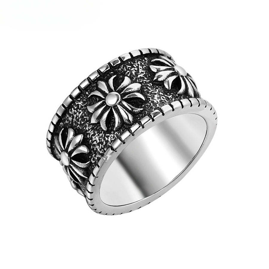 Row of Cross Flower Wide Titanium Steel Ring for Men