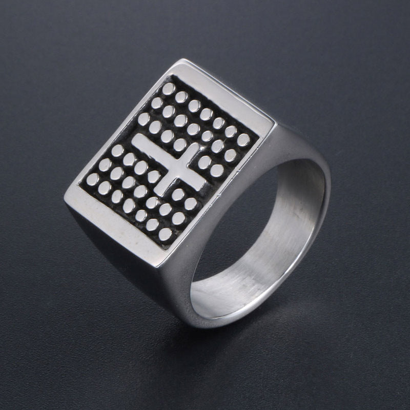 Vintage Polka Dot Cross Design Wide Titanium Ring for Men - European and Korean Inspired Dominant Jewelry