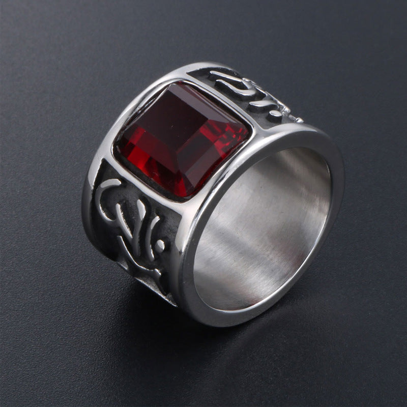 Men's Wide Titanium Steel Ring with Six-Character Mantra and Red Zircon