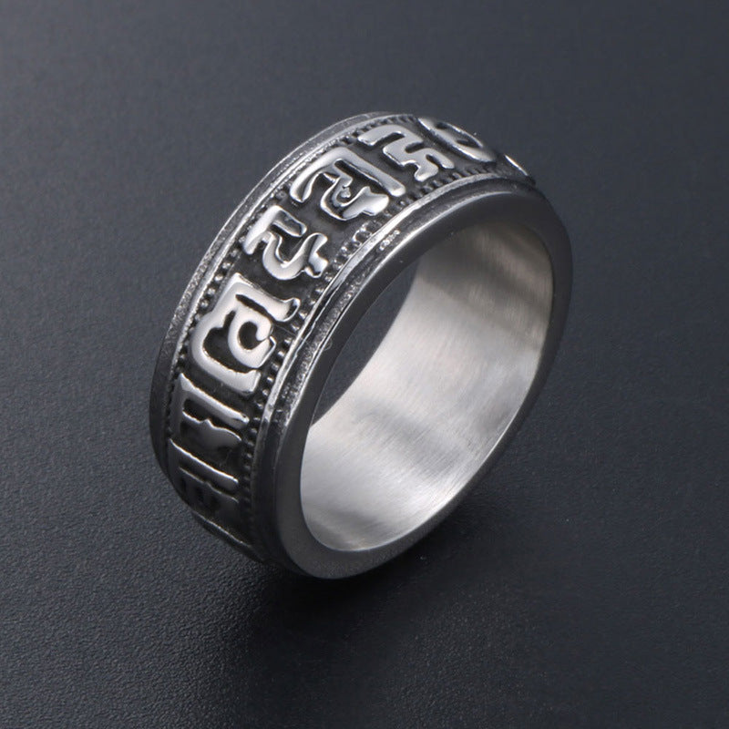 Punk-Inspired Titanium Steel Mantra Ring for Men and Women - Trendy Nightclub Accessory