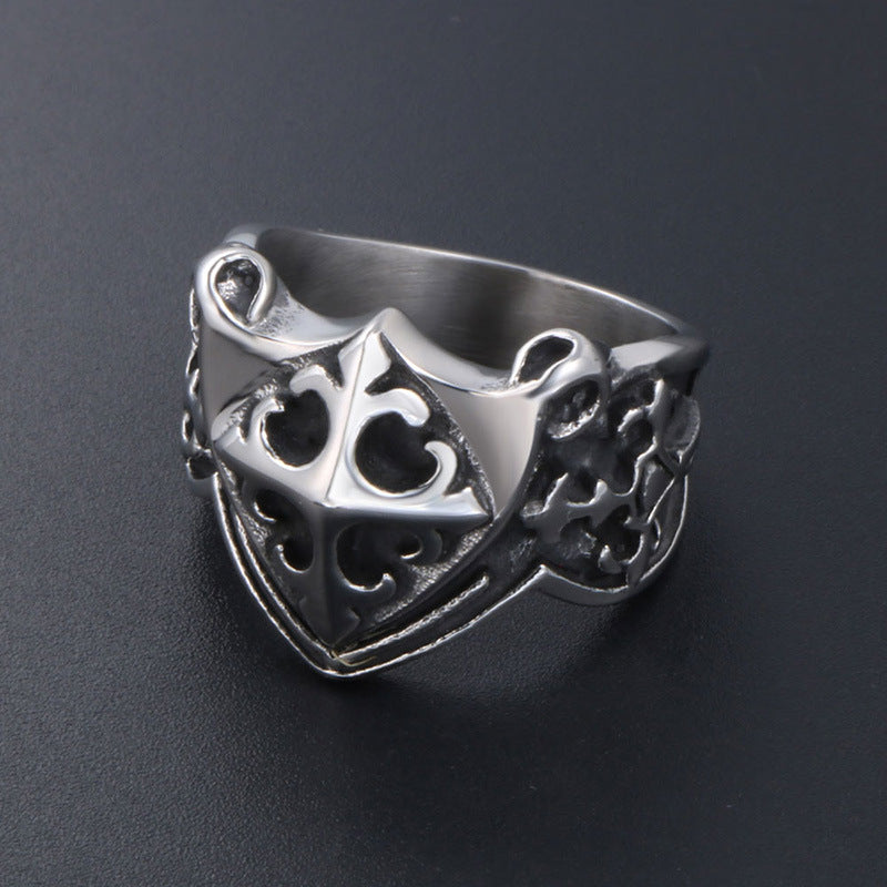 Titanium Steel Military Shield Ring for Men - European and American Cross Pattern Fashion Accessory