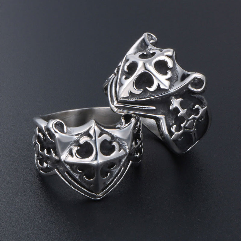 Titanium Steel Military Shield Ring for Men - European and American Cross Pattern Fashion Accessory