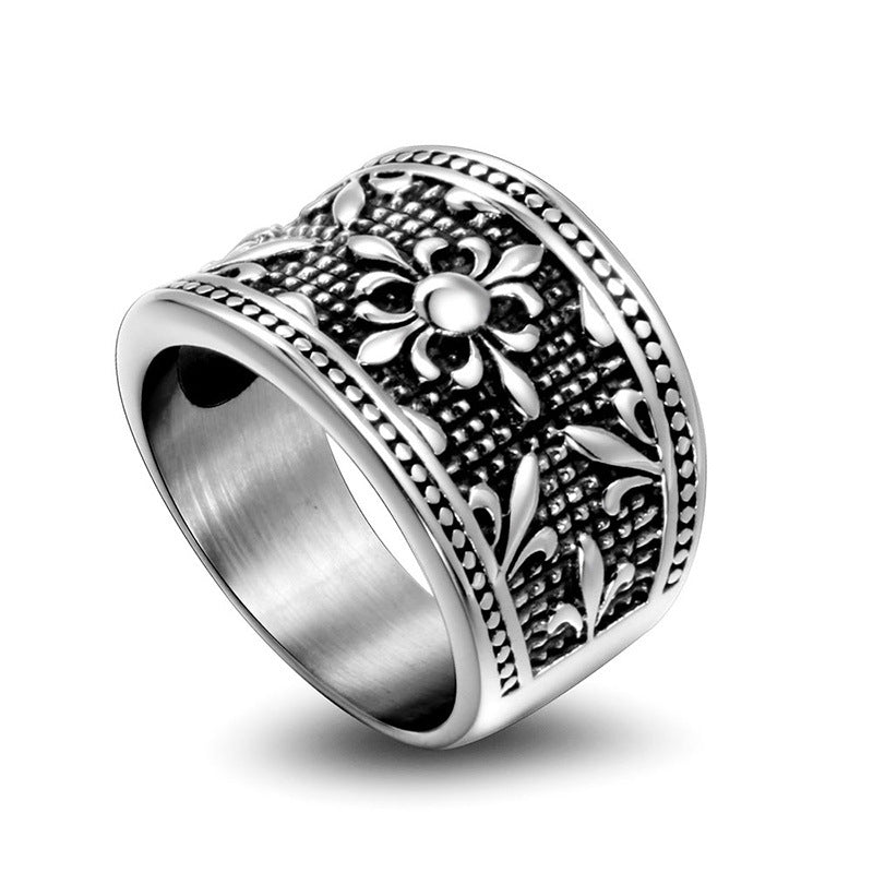 Personalized Titanium Steel Men's Military Floral Ring - Hipster Cross Design