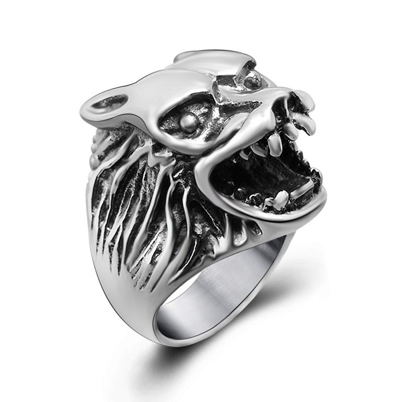 Titanium Steel Retro Skull and Wolf Head Ring with Dragon Claw Design for Men and Women