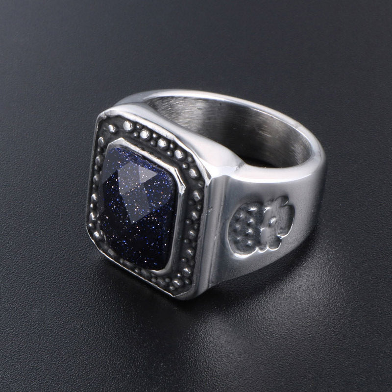 Vintage-Inspired Blue Sandstone Men's Ring - Elegant Rock Jewelry for Fashion-Forward Men