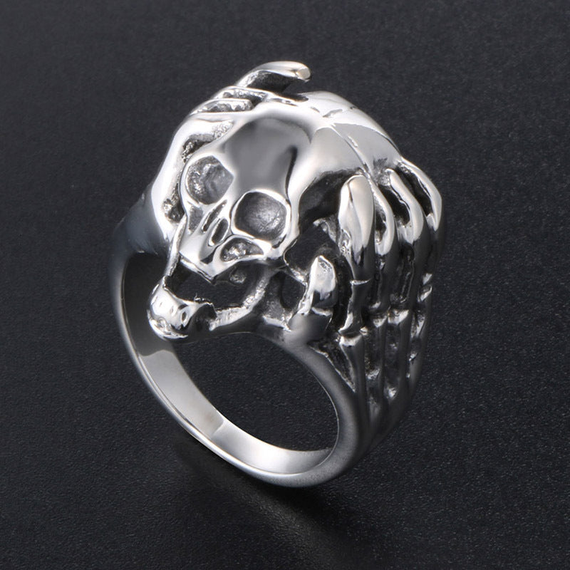 Titanium Steel Skull Ring for Men, Retro Ghost Hand Punk Jewelry, Domineering Design