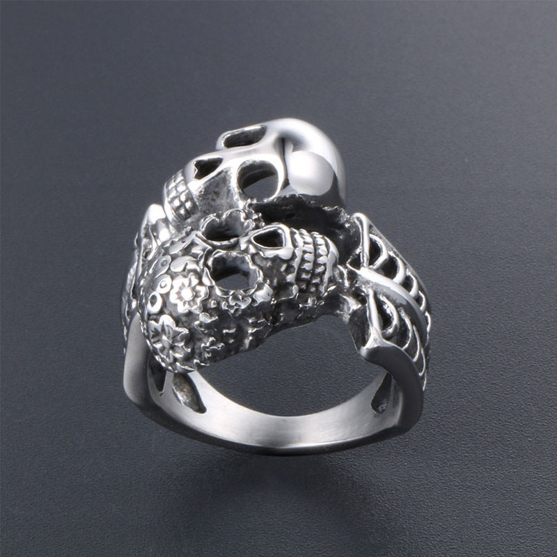 Titanium Steel Double-Head Skull Symbiosis Ring - Unique Cross-Border Jewelry for Men