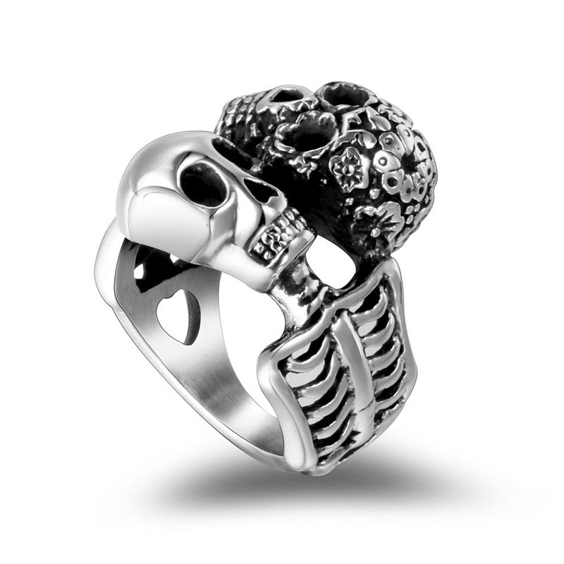 Titanium Steel Double-Head Skull Symbiosis Ring - Unique Cross-Border Jewelry for Men