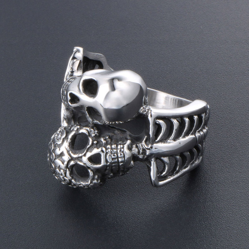 Titanium Steel Double-Head Skull Symbiosis Ring - Unique Cross-Border Jewelry for Men