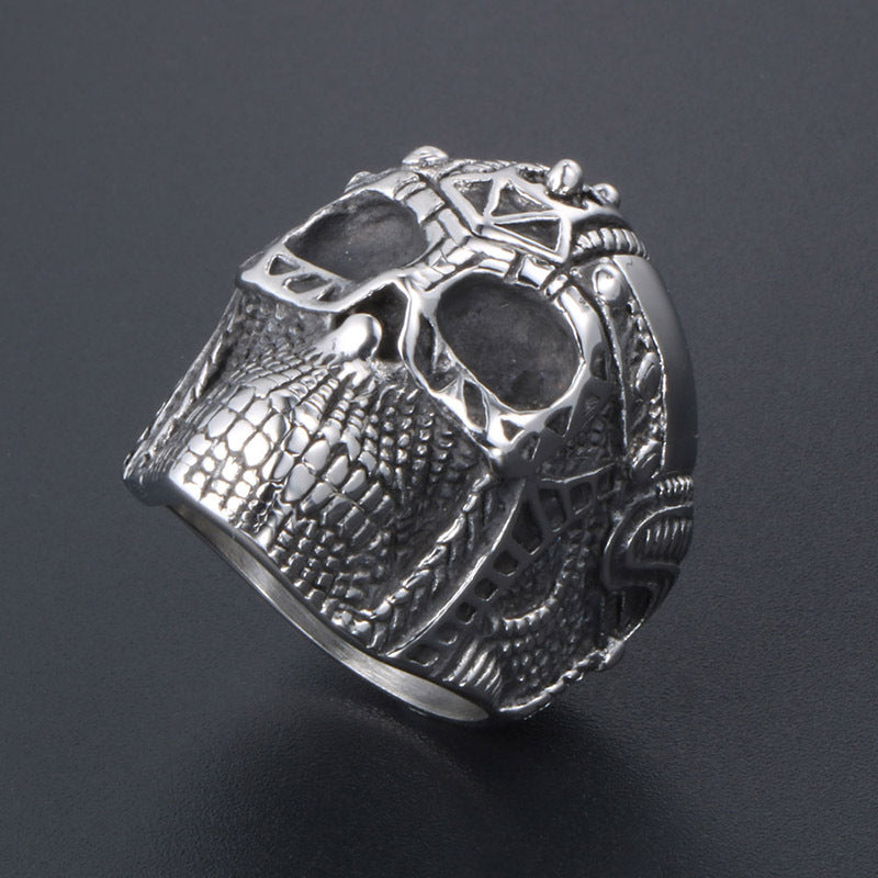 Punk-Inspired Iron Man Ghost Head Titanium Steel Ring for Men, European and American Fashion Jewelry