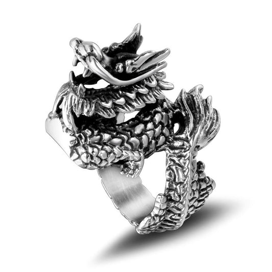 Men's Urban Retro Thai Silver-Style Ring - Hipster Chinese Dragon Design in Titanium Steel