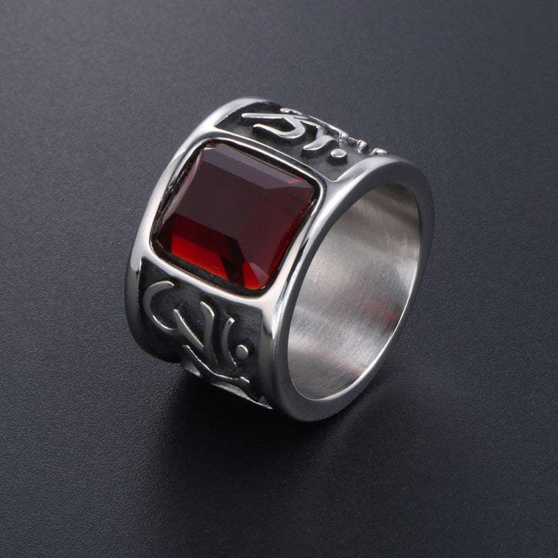 Men's Wide Titanium Steel Ring with Six-Character Mantra and Red Zircon