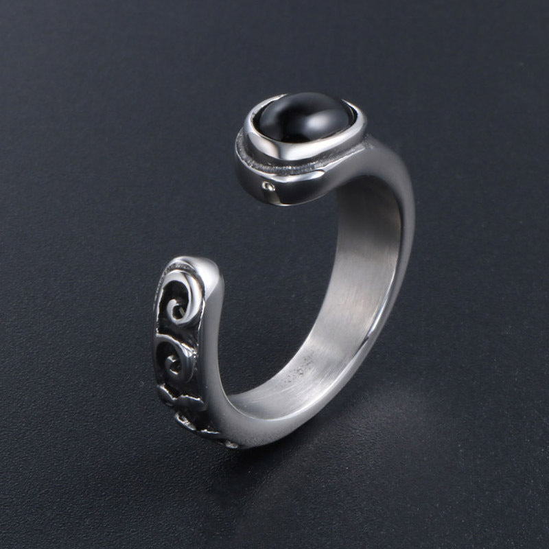 Trendy Titanium Steel Retro Three-Color Gemstone Open Ring for Men and Women