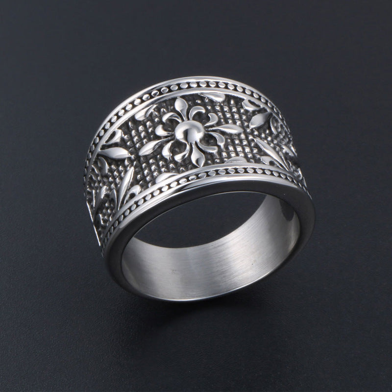 Personalized Titanium Steel Men's Military Floral Ring - Hipster Cross Design