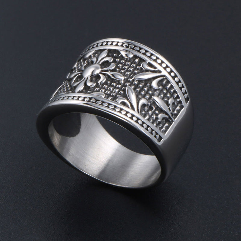 Personalized Titanium Steel Men's Military Floral Ring - Hipster Cross Design