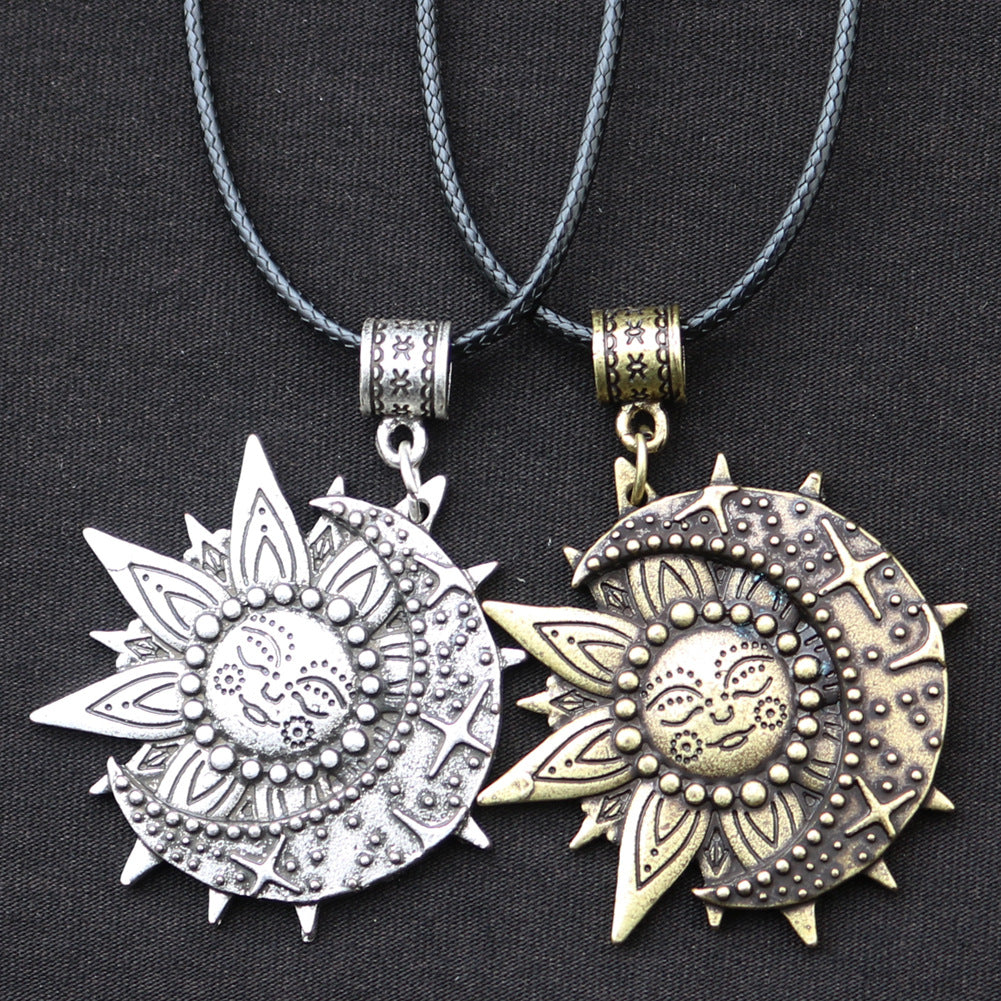 Sun Smiling Face and Celestial Necklace Mandala Flower Pendant Viking Jewelry for Men and Women