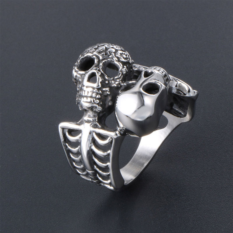 Titanium Steel Double-Head Skull Symbiosis Ring - Unique Cross-Border Jewelry for Men