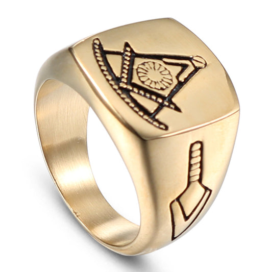 Stylish Retro Freemason Punk Ring in Gold Titanium Steel for Men