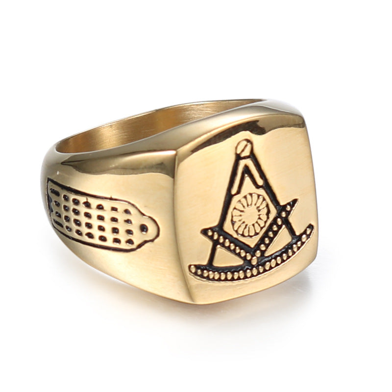 Stylish Retro Freemason Punk Ring in Gold Titanium Steel for Men