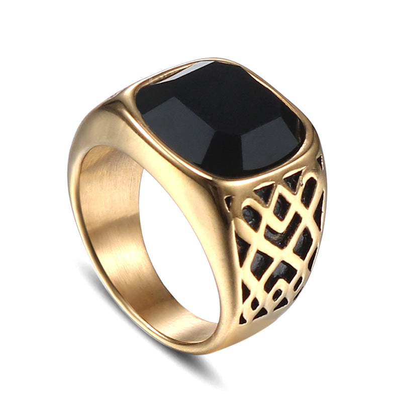 Titanium Steel Black Stone Ring for Men - Retro Dominance in European and American Style