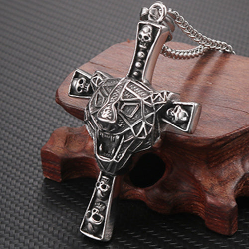 Korean-Inspired Retro Cross Tiger Head Titanium Steel Pendant for Men, Unique Stainless Steel Jewelry