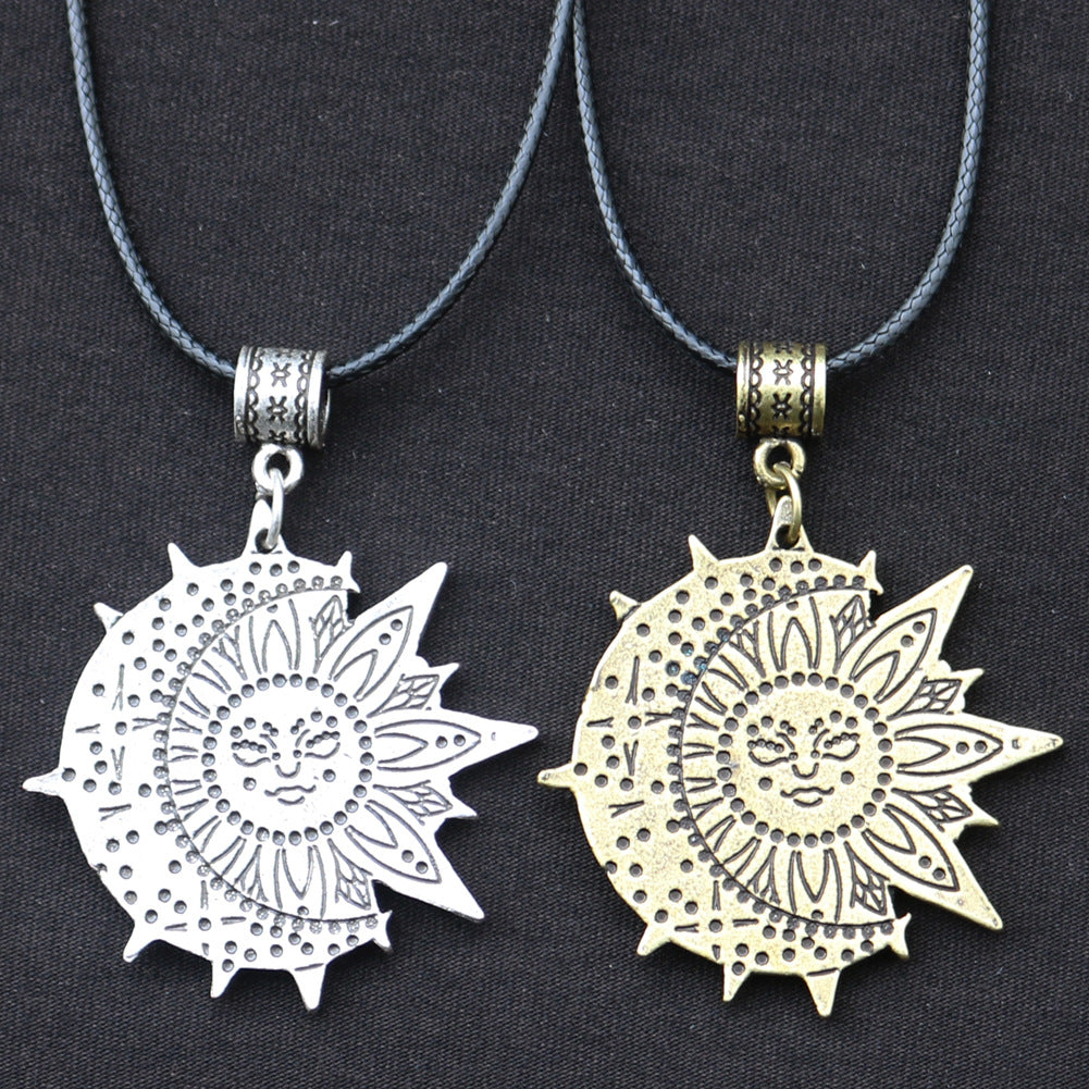 Sun Smiling Face and Celestial Necklace Mandala Flower Pendant Viking Jewelry for Men and Women