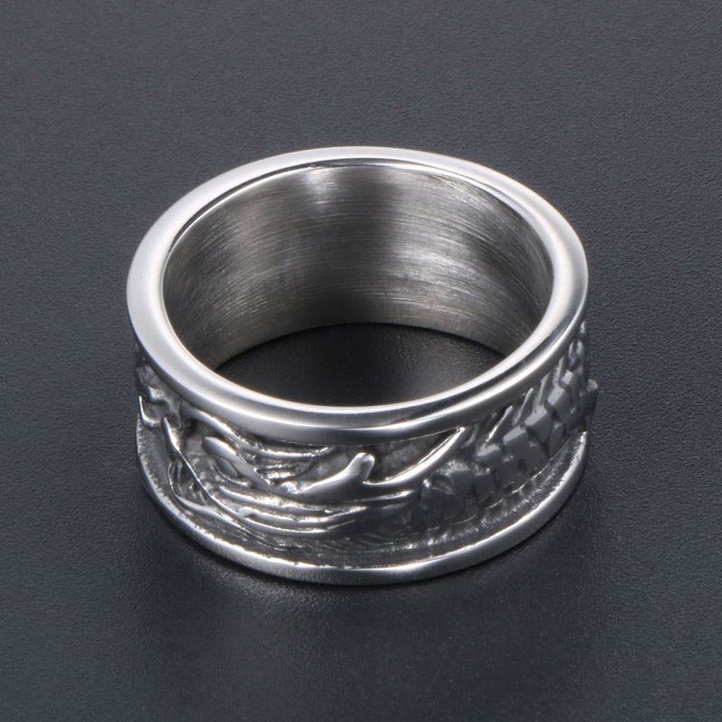 Vintage Titanium Steel Dragon Ring for Men - Wide Loong Descendant Stainless Steel Jewelry