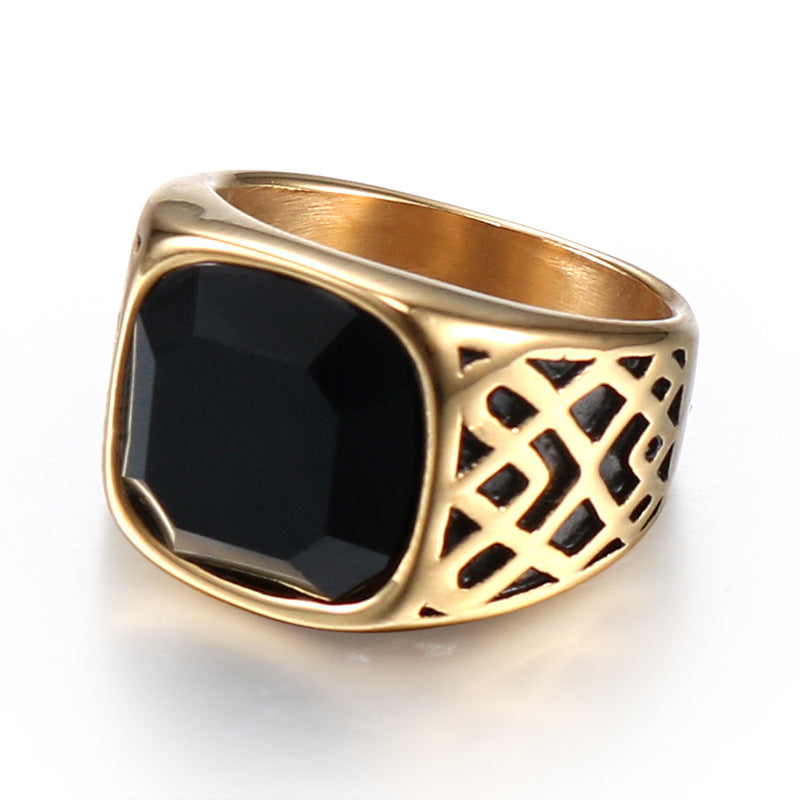 Titanium Steel Black Stone Ring for Men - Retro Dominance in European and American Style