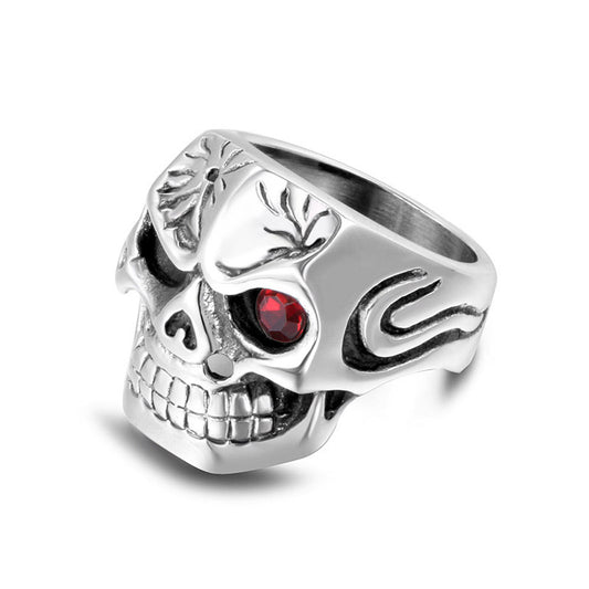 Unique Red-Eyed Skull Titanium Steel Ring with Floral Stainless Steel Accents for Trendy Nightclub Men