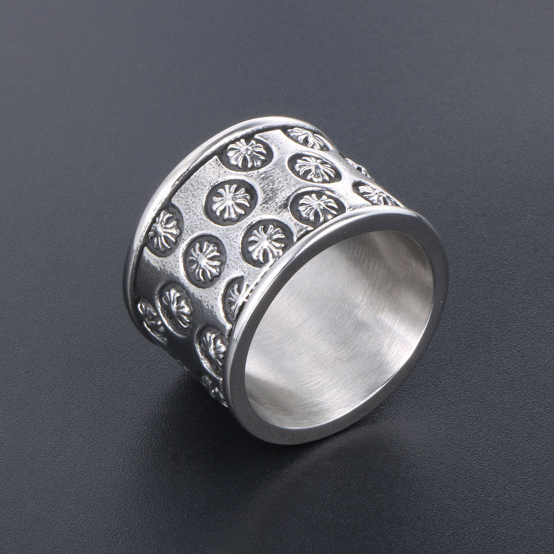 Titanium Steel Retro Cross Flower Wide Ring for Men - Classic Fashionable Jewelry Wholesale