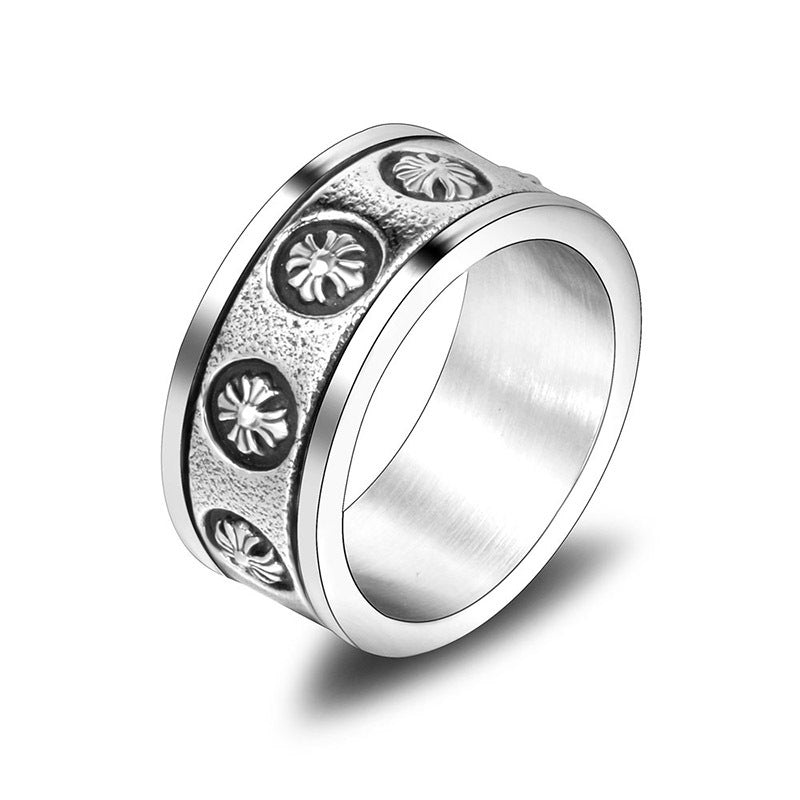 Trendy Retro Titanium Steel Cross Flower Ring for Men and Women - Wholesale Fashion Jewelry