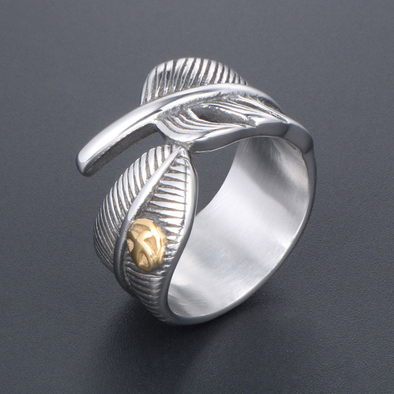 Vintage Feather Design Men's Ring - Custom Hip-Hop Rock Style for Wholesale