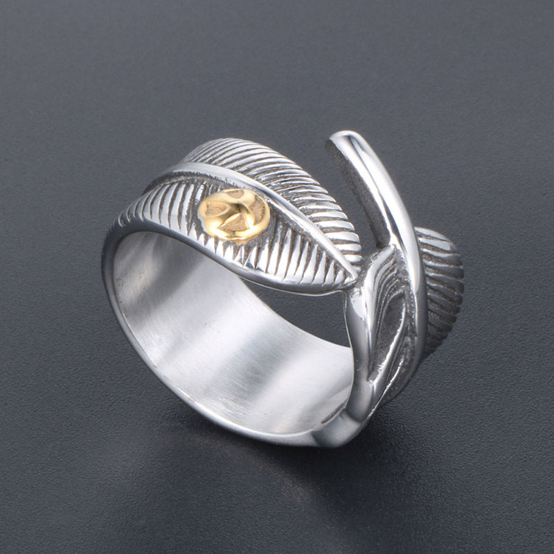 Vintage Feather Design Men's Ring - Custom Hip-Hop Rock Style for Wholesale