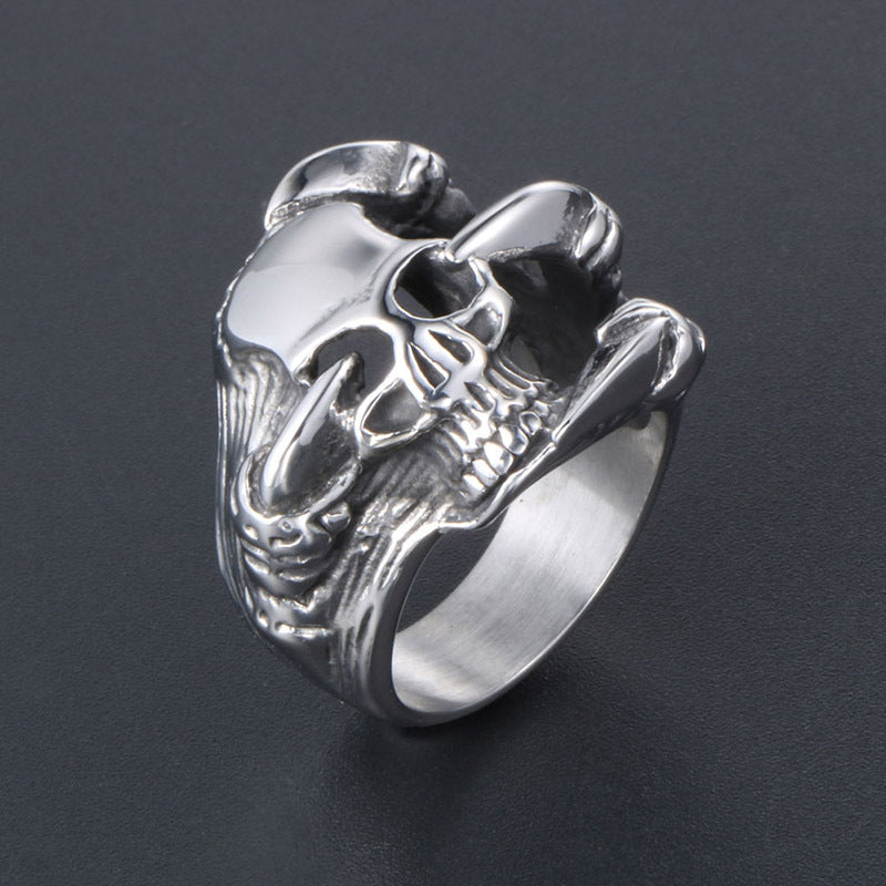 Titanium Steel Retro Punk Skull Wolf Head Devil Ring for Men