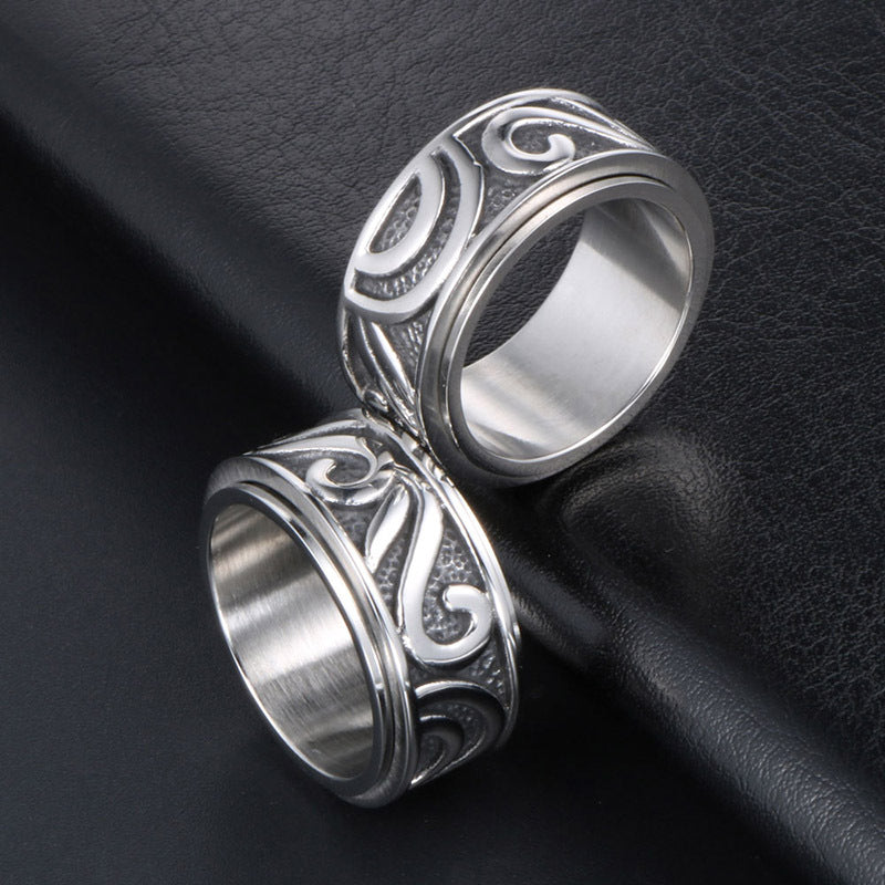 Rotating Vintage Men's Titanium Steel Ring with Custom Sun Design