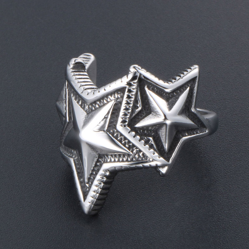 Trendy Multi-Star Overlapping Titanium Steel Ring for Men with Five-Pointed Star Design