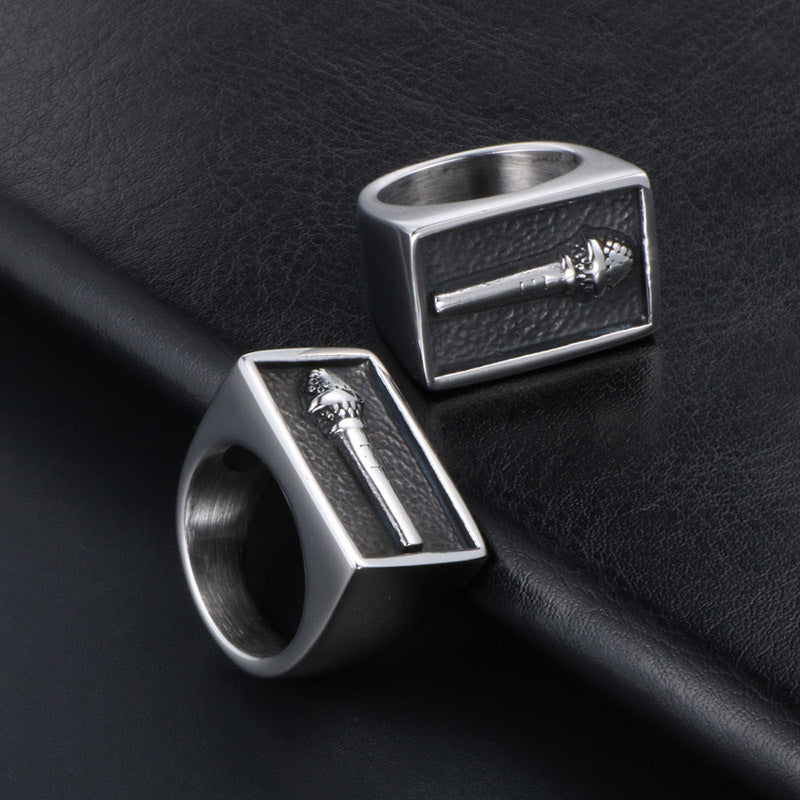 Retro Titanium Steel Men's Wide Microphone Ring - Trendy Index Finger Accessory