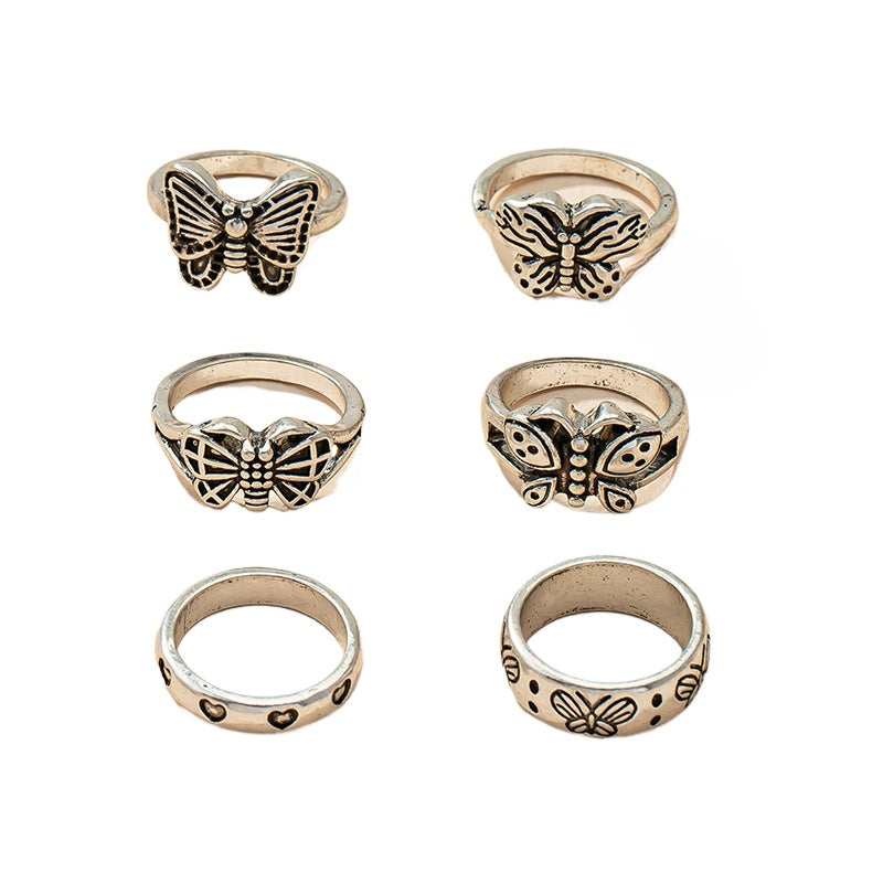 European American Style Vienna Verve Butterfly 6-Piece Ring Set in Retro Fashion